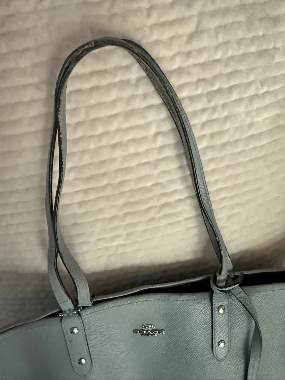 Coach Light Blue Pebbled Leather Tote with Silver Accents